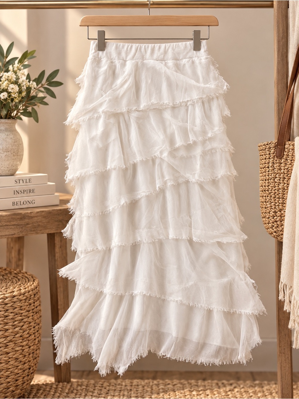 Tempo Paris White Layered Ruffle High-Low Skirt
